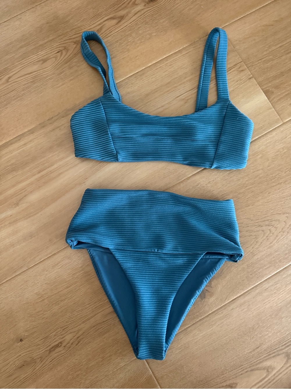 L Space Blue Ribbed Two-Piece Swimsuit small desi bottoms, med Jess top